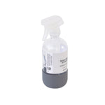 Angled view of Better Homes & Gardens clear spray bottle with label and gray rubber protective base