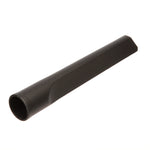Angled view of a long black plastic crevice tool attachment on a white background