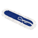 Angled view of a blue mop replacement head with white cotton fringe and tied fabric straps on a white background.