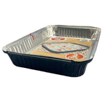 Angled view of a blue-sided aluminum meal prep pan with visible product insert and 2-pack graphic