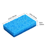 Angled product photo of a blue dual-layer sponge with measurement lines indicating 4.3 x 2.8 x 0.8 inches.