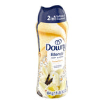 Angled product image of Downy Blends Toasted Vanilla scent booster bottle on white, showing label, vanilla flowers and bead graphics