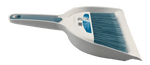 Angled view of a white dustpan and matching short-handled brush with dense blue bristles and textured handle
