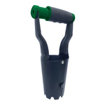 Angled studio shot of a black steel bulb planter with a green ergonomic T-handle on white background