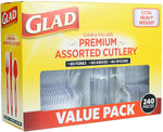 Angled view of Glad premium assorted cutlery value pack box with visible clear utensils through the front window