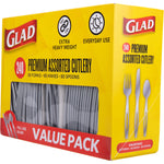 Angled Glad value-pack box of premium assorted silver cutlery showing front window and side panel with utensil images