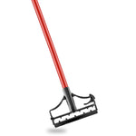 Angled view of a red steel mop handle attached to a black polypropylene mop frame on a white background