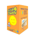 Angled product box for Scrub Daddy showing logo, 4 pack callout and feature panel on the side against white background.