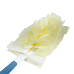 Angled close-up of a pale yellow duster refill attached to a handle showing layered textured cleaning fibers