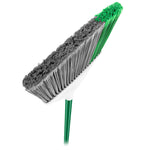 Angled view of Libman broom head showing dense gray and green bristles and green handle