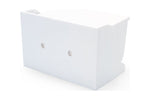 Angled view of a white rectangular plastic pop-up toothbrush holder with two mounting holes visible