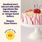 Decorated cake on a pedestal with side panel text explaining anodized aluminum won’t interact with acidic ingredients