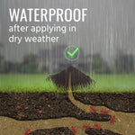 Illustrated soil cross-section with ant tunnels under a mound and text stating the product is waterproof when applied in dry weather