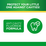 Green panel graphic stating ‘Anti Cavity Fluoride Formula’ next to a tooth icon on a white background