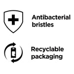 Black icons and text reading 'Antibacterial bristles' and 'Recyclable packaging' presented as product feature graphics.