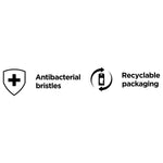 Black icons and text on white background reading 'Antibacterial bristles' and 'Recyclable packaging' with matching symbols