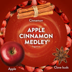 Circular red graphic reading Apple Cinnamon Medley with images of apples, cinnamon sticks and clove buds on a decorative background