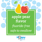 Graphic panel with apple and pear icons and text stating apple pear flavor, fluoride-free and safe to swallow, branded Hoppy Teeth.