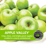 Close-up image of bright green apples with a banner that reads APPLE VALLEY and a small inset showing the green vent diffuser