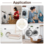 Application infographic showing laundry scenes around a central image of four white wool dryer balls under the heading 'Application'.