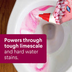 Overhead shot of Clorox Scentiva gel being applied into a toilet bowl, pink cleaning gel visible with marketing text about limescale power