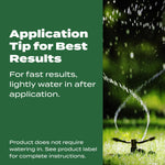Application tip panel with text advising to lightly water in after application beside a photo of a lawn sprinkler in action.