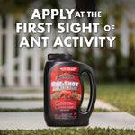 Product shot of Spectracide One-Shot Fire Ant Killer jug on a walkway with large overlaid text 'Apply at the first sight of ant activity'.