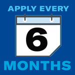 Graphic calendar icon with a large number 6 and text urging to apply every 6 months