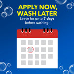 Blue infographic with bubbles and a stylized calendar reading “Apply now, wash later - leave for up to 7 days before washing.”