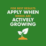 Green instructional graphic reading 'For best results apply when weeds are actively growing' with a sprout icon