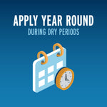 Blue informational graphic with calendar and clock icon and text 'Apply year round during dry periods'