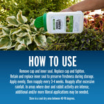 Hand holding a Liquid Fence Deer & Rabbit granular repellent jug applying product over foliage with how-to-use text below