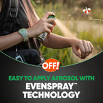 Person spraying OFF! Sportsmen Deep Woods aerosol on their forearm outdoors with text about Evenspray application technology