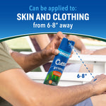 Photo of a person spraying Cutter Backwoods on forearm with instructional text 'Can be applied to: SKIN AND CLOTHING from 6-8" away'