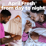 Split lifestyle graphic of a man folding and smelling sheets with 'April Fresh from day to night' headline