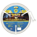 Coiled Aqua Pro branded drinking water hose on round blue product label with length and specifications