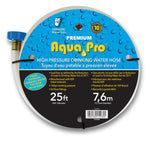 Round Aqua Pro premium high pressure drinking water hose label showing 25 ft / 7.6 m length and product features