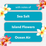 Graphic panels listing fragrance notes reading Sea Salt, Island Flowers, Ocean Air with floral accents