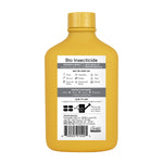 Rear view of yellow Arber bottle showing a 'Bio Insecticide' information label and barcode