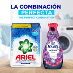 Ariel powder detergent pack shown beside a Downy bottle under Spanish headline about the perfect combination