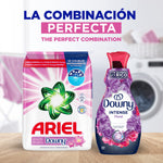 Product pairing image featuring an Ariel Downy powder pack next to a Downy Intense floral bottle on a wooden surface