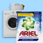 Ariel powdered detergent bag placed in front of a front-load washing machine and a laundry basket on a blue background.