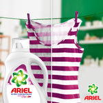 Ariel Ultra Concentrado detergent bottle with split-image comparison showing a striped shirt hanging on a clothesline.