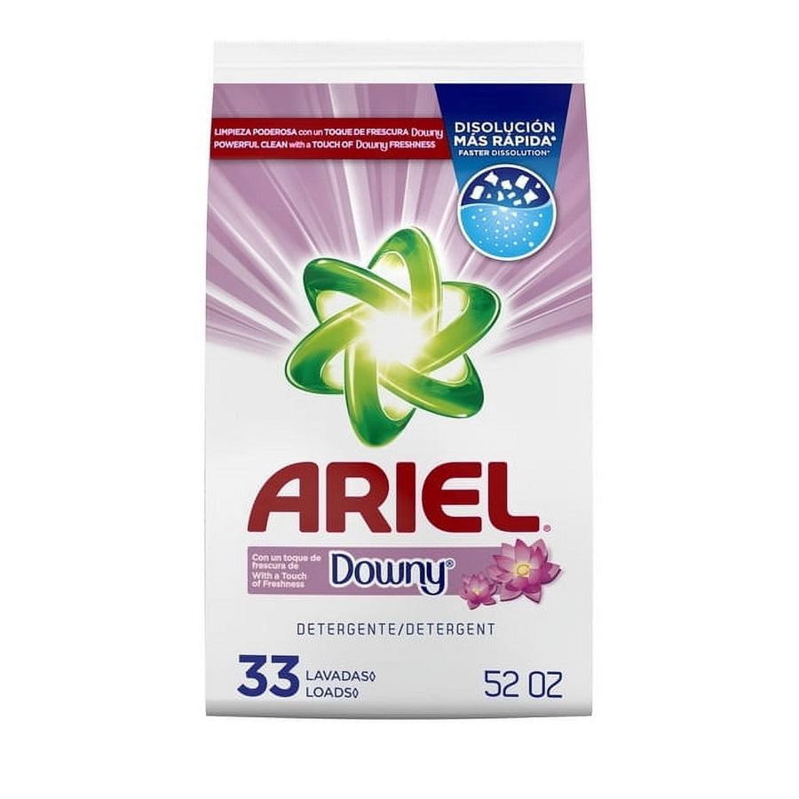 White bag of Ariel powder laundry detergent with Downy logo, floral accent and visible '33 loads' and '52 oz' text.