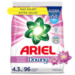 Front-facing Ariel powder detergent bag with Downy scent branding and pink floral accents