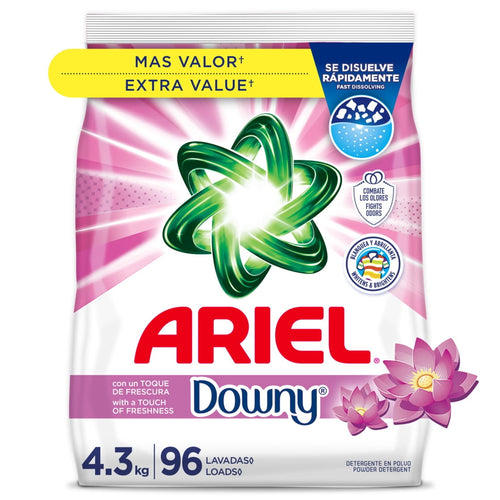Front-facing Ariel powder detergent bag with Downy scent branding and pink floral accents