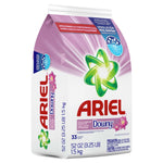 Front of Ariel powder detergent bag with prominent green logo, 'Downy' flower accent and purple gradient