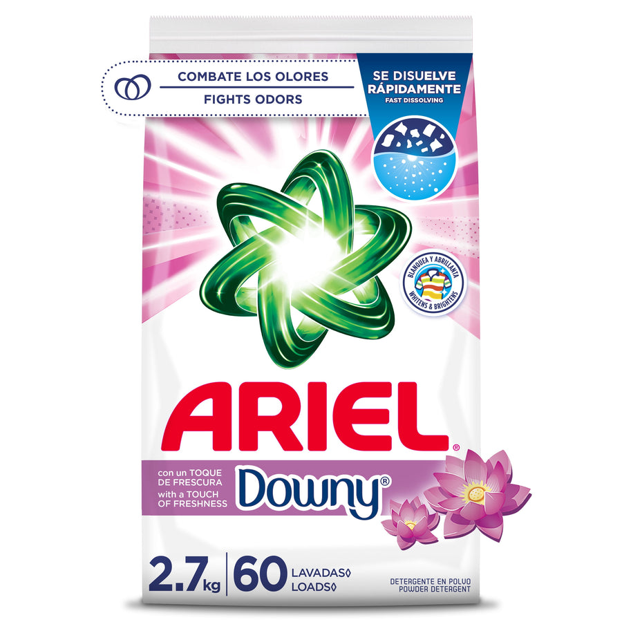 Front-facing pack of Ariel detergent with Downy branding, pink floral accents and weight/loads text visible