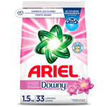 Front-facing Ariel powder detergent bag branded with Downy, pink background and lotus flower graphic.