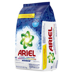Three-quarter view of an Ariel laundry powder bag showing branding, 44 loads callout and blue patterned packaging.